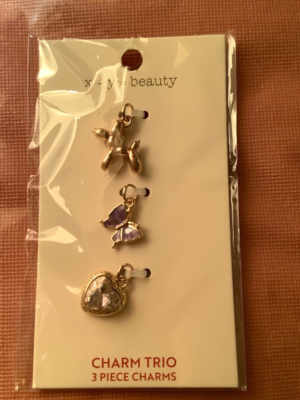 Gold Charm Trio Bracelet Charms with Purple Butterfly & Clear Heart -
